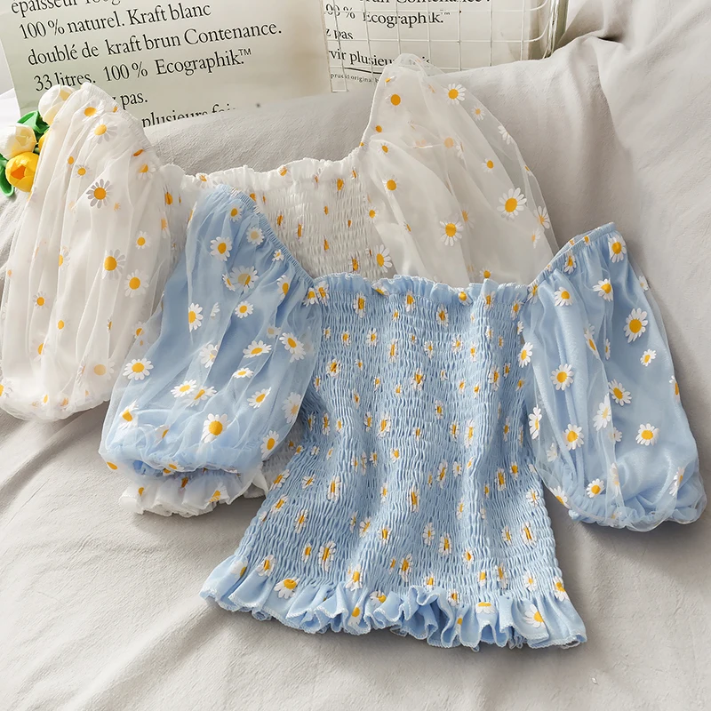 

Summer Sweet Super Fairy Little Daisy Top Female Short Slash Neck Off Shoulder Puff Sleeve Shirts Women Mesh Chiffon Clothes