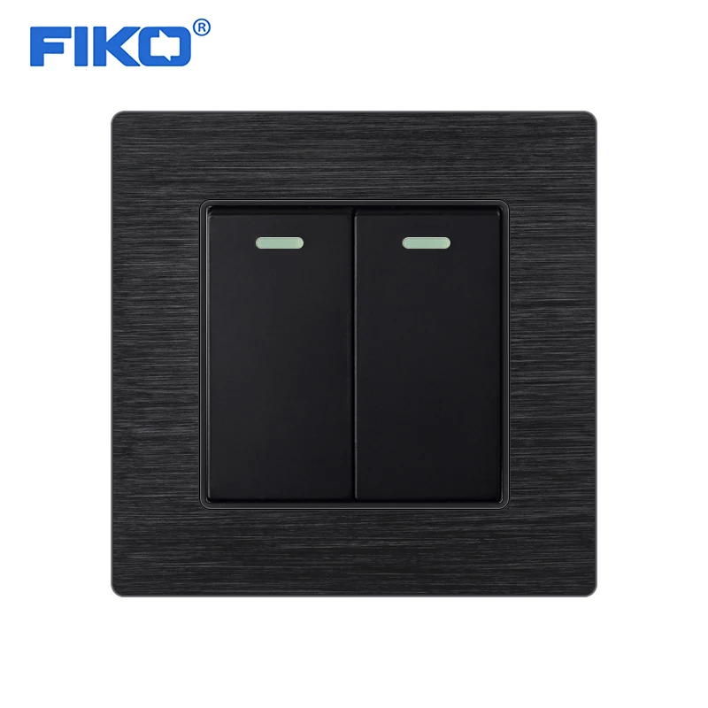 

FIKO Wall power light switch with indicator light 2 gang 1 2-way luxury light push button switches aluminum alloy panel 220V