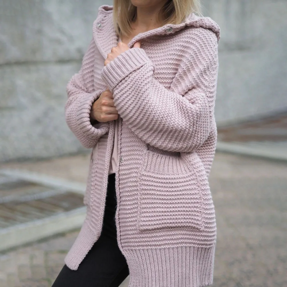 

2021 Autumn Winter New Women's Solid Color Sweater Fashion Casual Long Sleeve With Hood Single-breasted Pocket Knit Cardigan