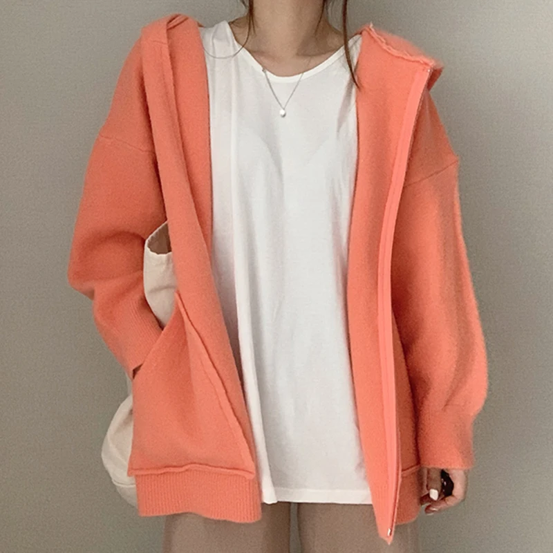 

Causal Double Pockets Knitted Cardigan 2021 Autumn Winter Women Sweater Coat Long Sleve Zipper Hooded Knitwear