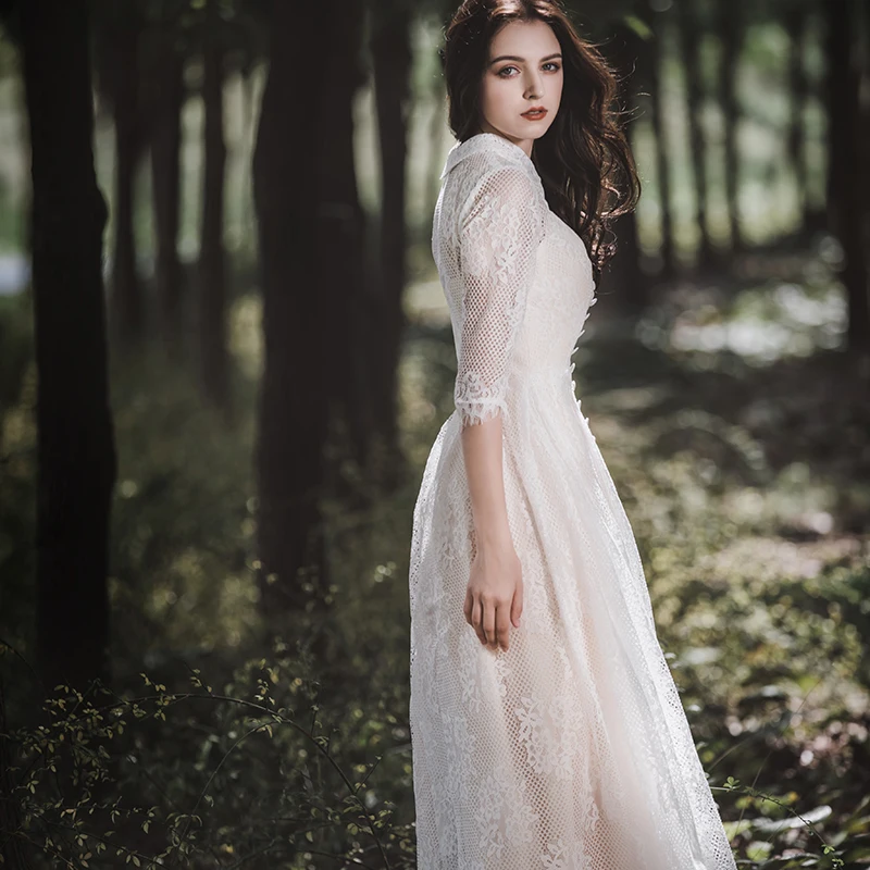 Elegant Lace Wedding Dresses Queen Abby A-line High Neck 3/4 Sleeves Tea-length Zipper-up Bridal Gowns For Plus size |