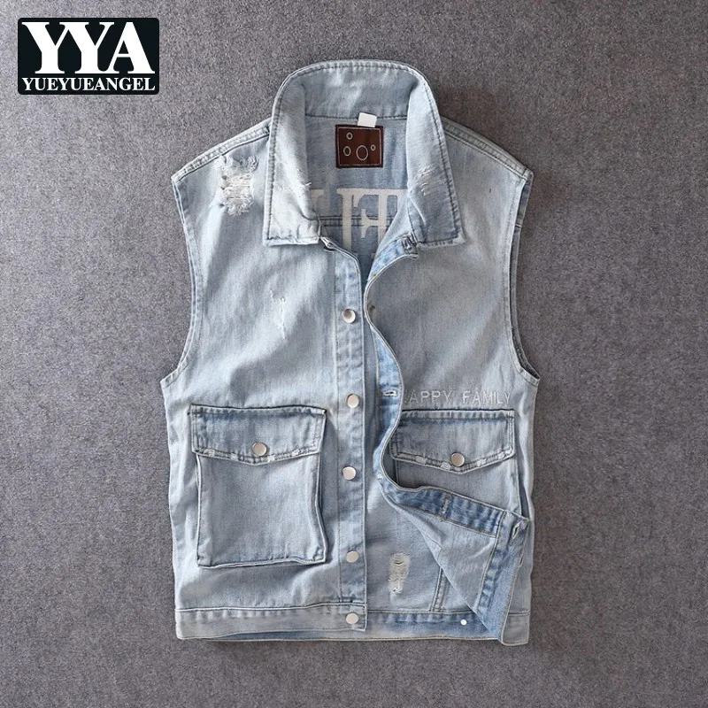 Мужской джинсовый жилет с дырками голубой облегающий Повседневный потертостями