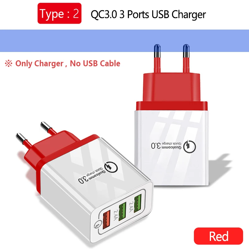 3 порта USB настенное зарядное устройство QC3.0 быстрое зарядное устройство s 5 V/2.4A 18W Быстрая зарядка для samsung Xiaomi huawei iPad iPhone Micro type-C кабель - Тип штекера: QC3.0 Charge Red
