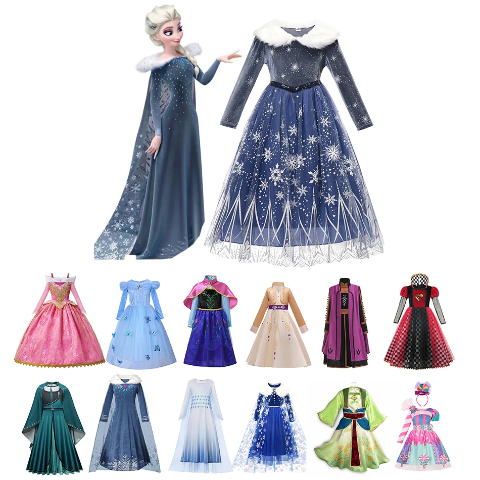 Disney Princess Costume For Girls Autumn Winter Long Sleeve Frozen Elsa Anna Cinderella Mulan Halloween Christmas Cosplay Dress