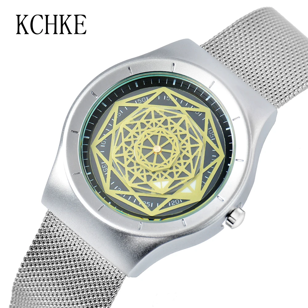 Часы KCHKE мужские модные водонепроницаемые тонкие с сетчатым ремешком простые
