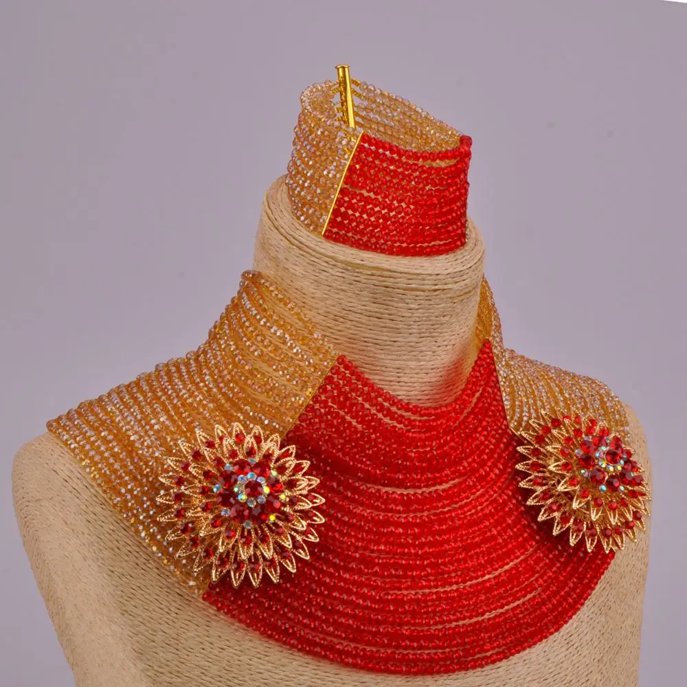 Изумительное красное и шампанское золото ab 25 рядов колье Африканские свадебные