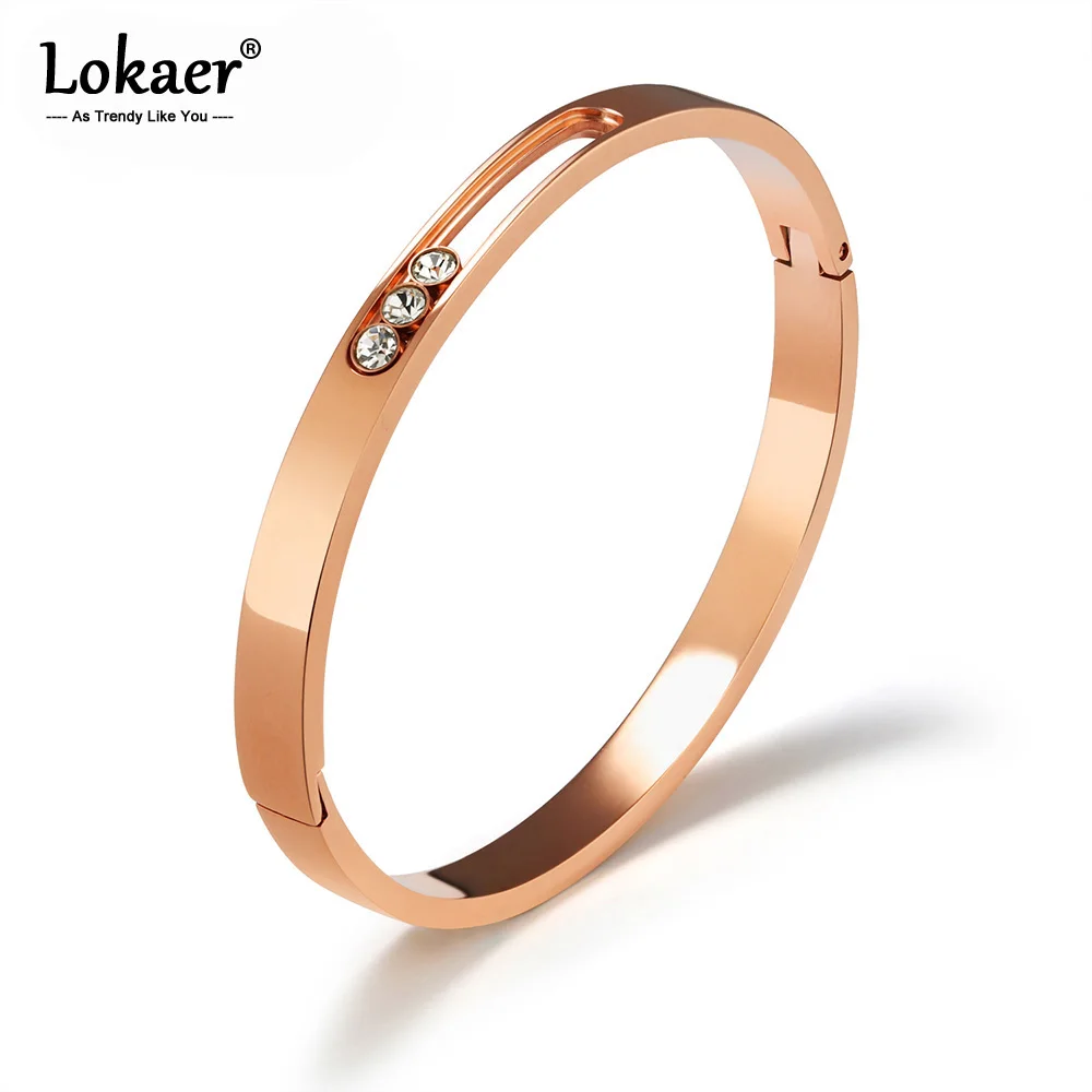 Lokaer нержавеющая сталь манжеты браслеты для женщин полые Дизайн инкрустированные Стразы розовое золото браслет ювелирные изделия B18092