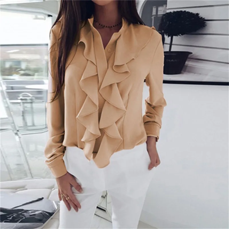 

White Blouse Fashion Female Full Sleeve Casual Shirt Elegant Ruffled V-Neck Office Lady Tops Women Wear