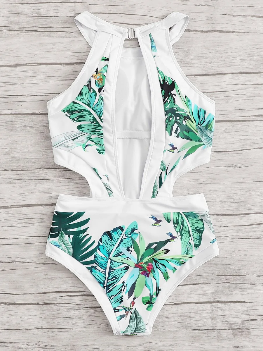 Сексуальный слитный купальник Женский монокини с вырезами бикини принтом пальмы