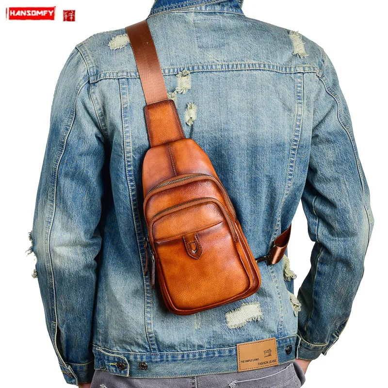 Vintage Genuine Leather Men Chest Bag Male Shouler Messenger Bag casual Short Trip Chest Pack crossboday Bags 2021 New