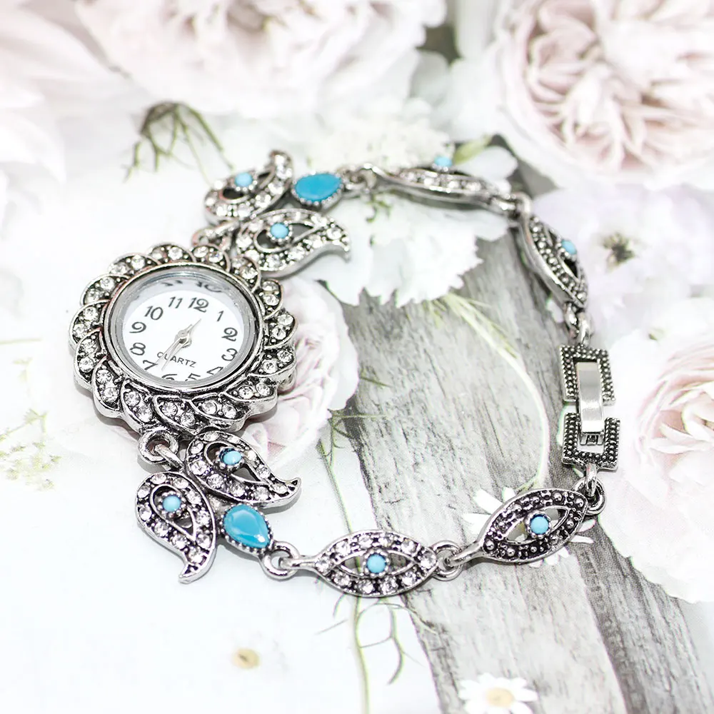Sunspice Ms античный браслет для часов женщин Серебряный цветок с кристаллами