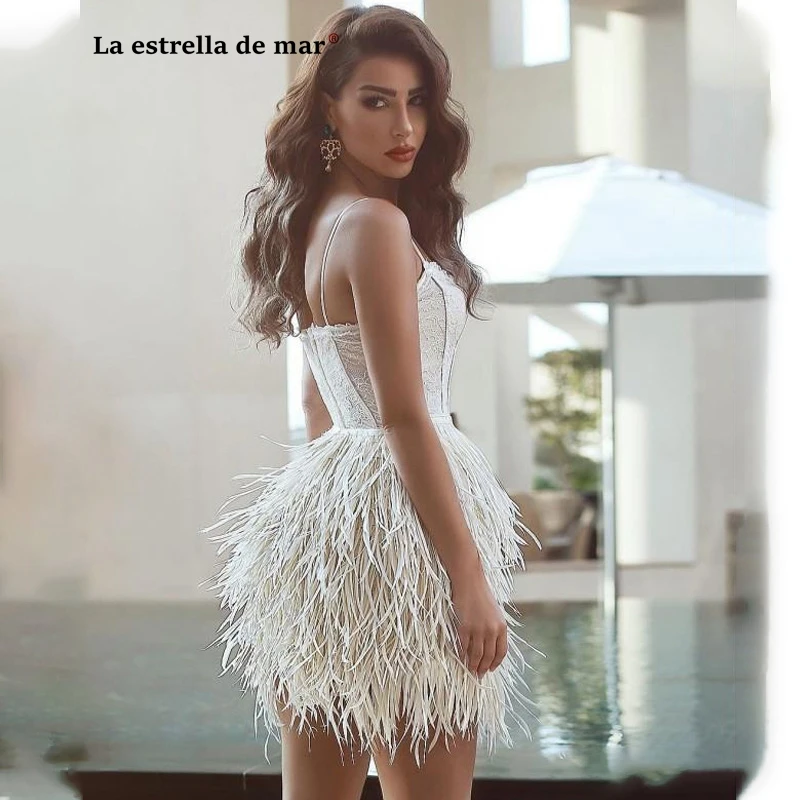 

Vestidos de noite new Spaghetti Strap ALine ivory lace feather corset cocktail dress short abito cocktail Celebrtiy Party Gown