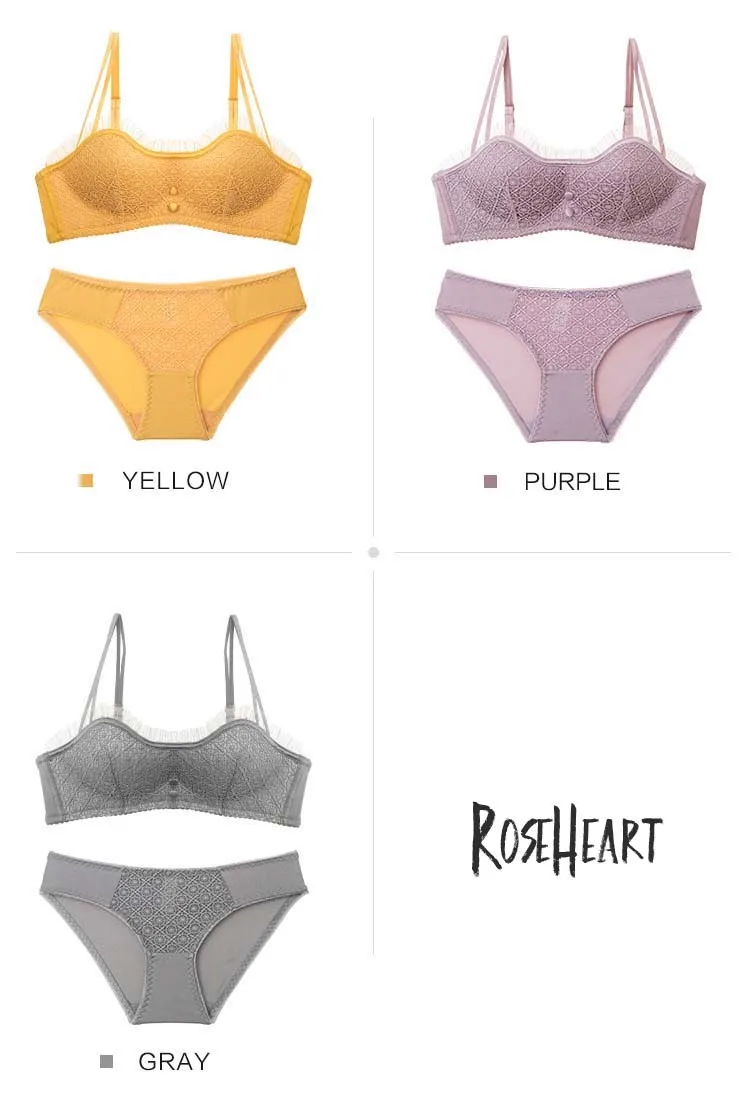Roseheart, женское модное фиолетовое, серое сексуальное нижнее белье, беспроводной бюстгальтер, наборы, кружевная отделка, хлопковые трусики, трусы, женское нижнее белье, прекрасный A B
