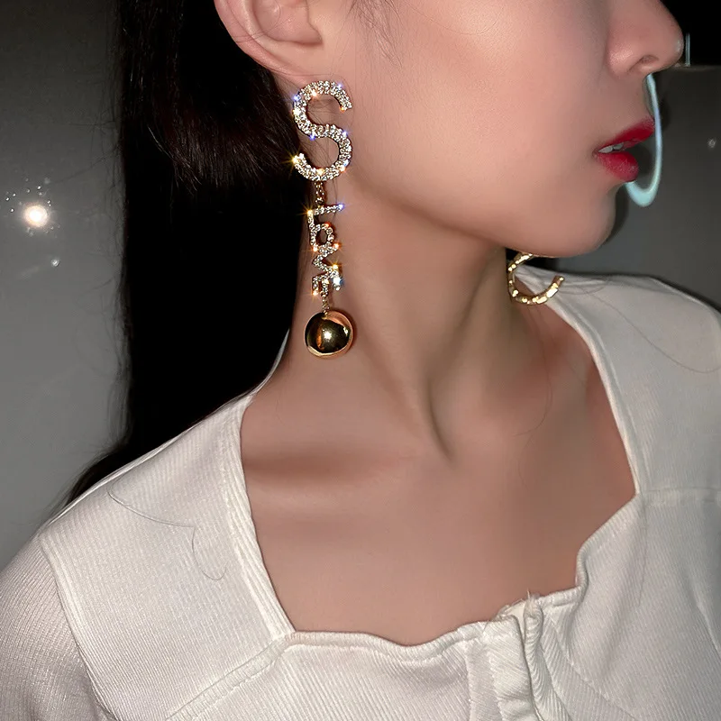 

European And American 925 Silver Needle Exaggerated Flash Diamond Asymmetric Net Red Temperament Inlaid Long Earrings