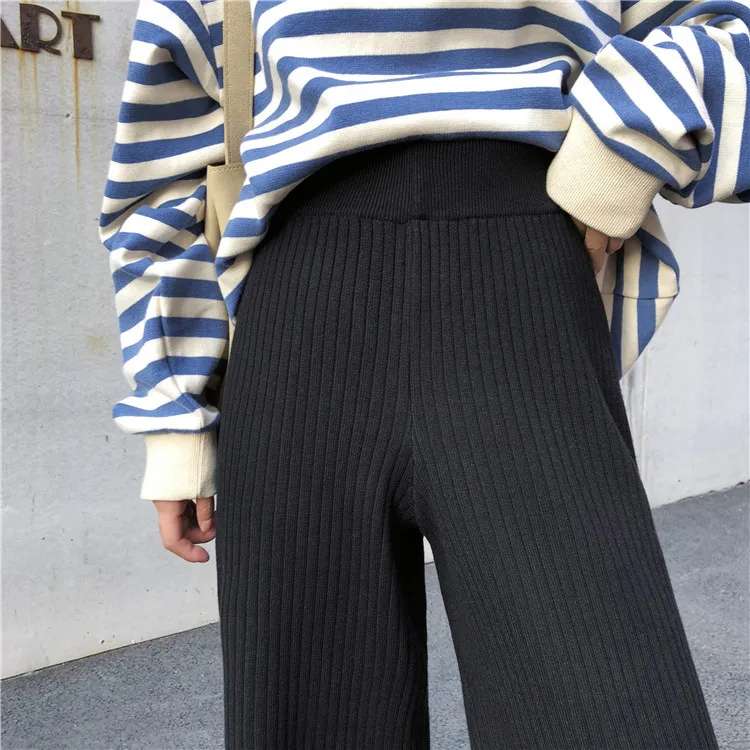 

2021 Autumn Winter New Casual Straight Pants Women Female Drawstring Loose High Waist Knitted Wide Leg Pants Casual Trousers
