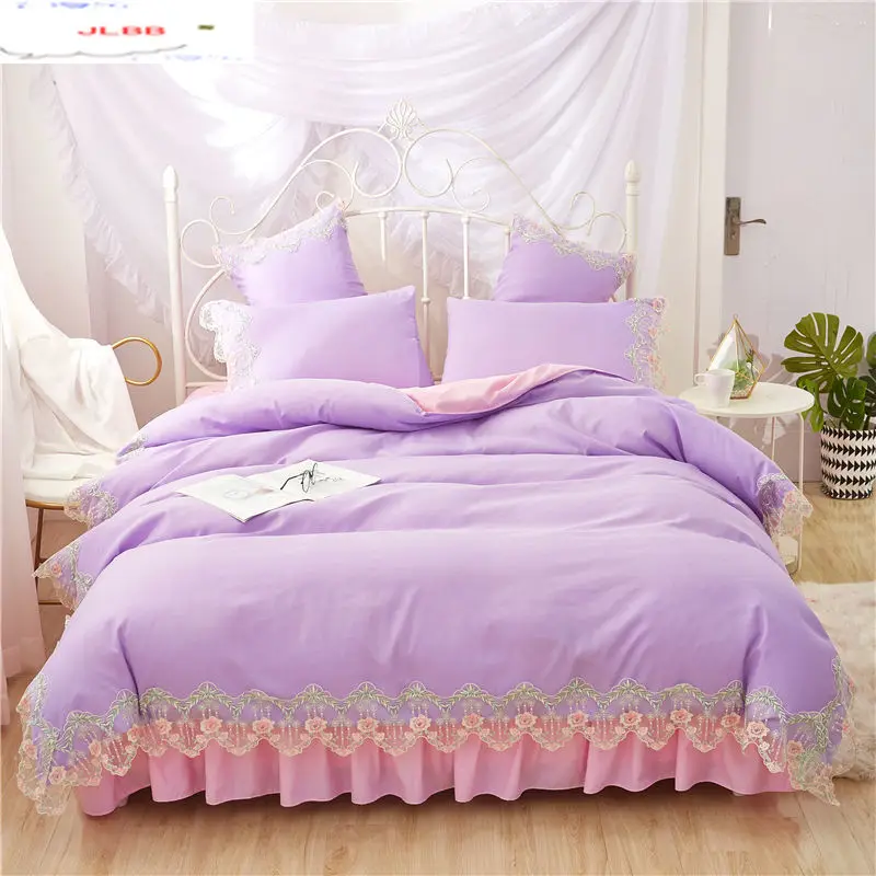 

Purple pink Lace bedding sets full queen king duvet cover princess girls bed skirt Korean bedclothes beautiful quilt cover sets