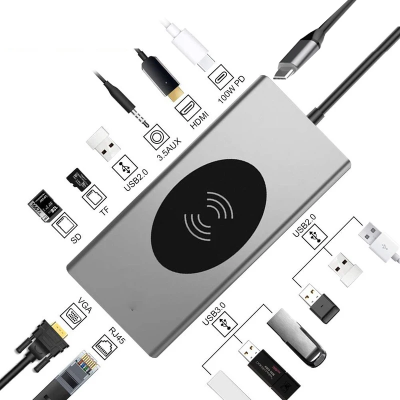 Basix USB Type C концентратор HDMI совместимый RJ45 беспроводной зарядки SD Card Reader сплиттер