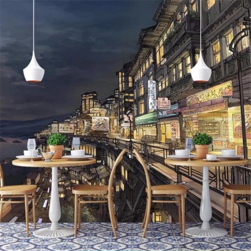 Фотообои на заказ 3d фотообои ручная роспись мультфильм японская улица Осака