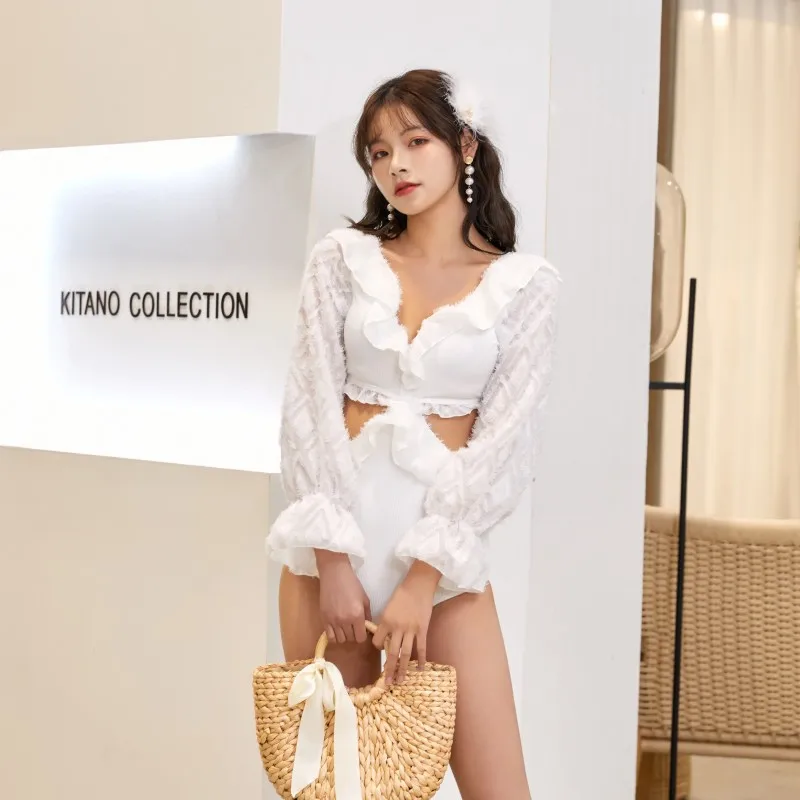 

Korea Style One Piece Swimsuit Long Sleeve Beach Swimwear Sexy Cut Out Beachwear Push Up Bathing Suit Trikini Monokini Pad
