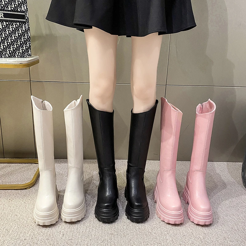 

Women Platform Knee High Boots Winter Warm Plush Wedding Chunky Motorcycle Shoes Woman 2022 Newest Long Boots Leather High Heels