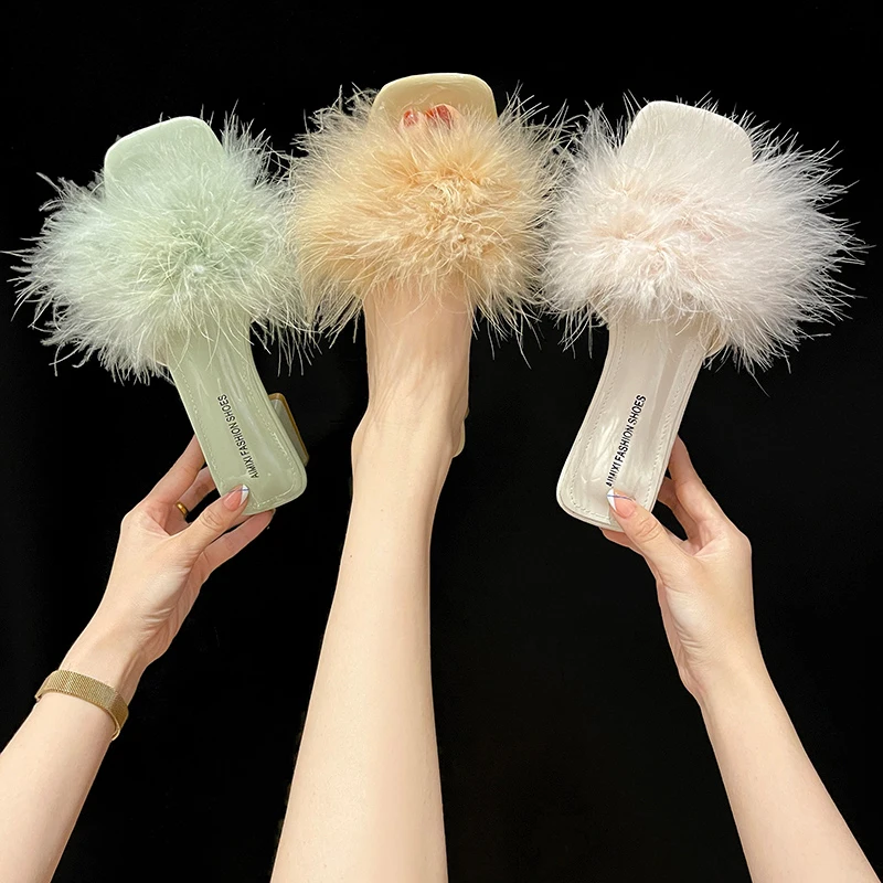 

Shoes Woman 2021 Med Slippers Casual Pantofle Fur Flip Flops Heeled Mules Lady Square heel Luxury New Plush High Girl Summer