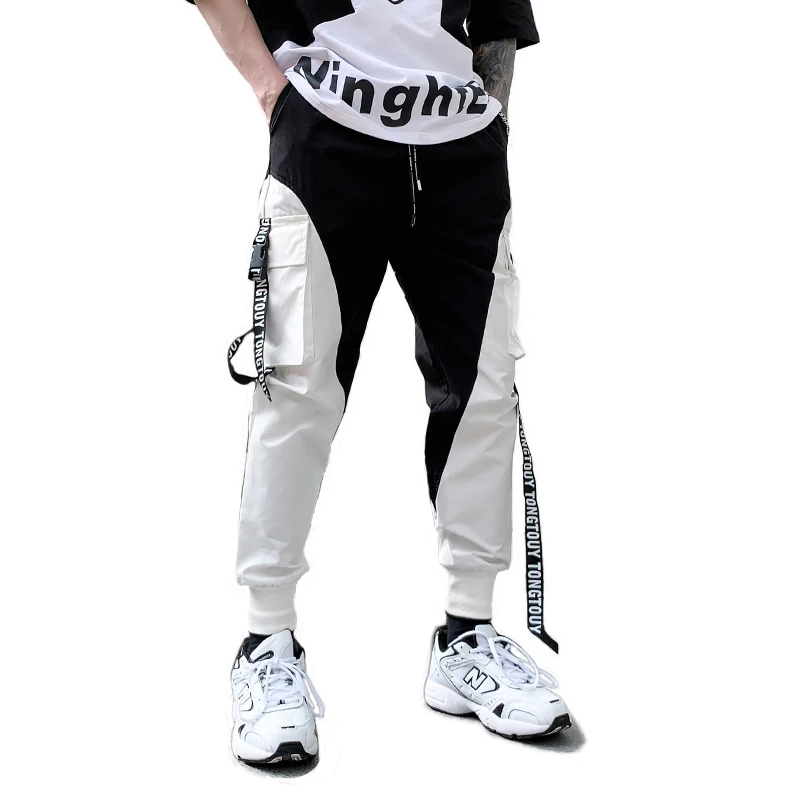 

Мужские брюки-карго с лентами, повседневные облегающие брюки-карго в стиле пэчворк, уличная одежда, новинка 2022