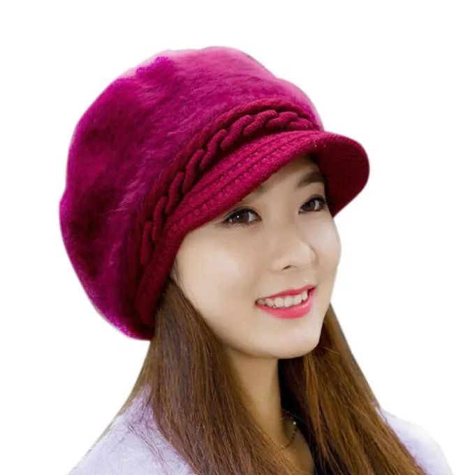

2021 New Fashion Winter Hat Women Rabbit Fur Cap Knitted Wool Hats Solid Flat Peaked Cap Ladies Thicken Warm Earmuffs Beanie