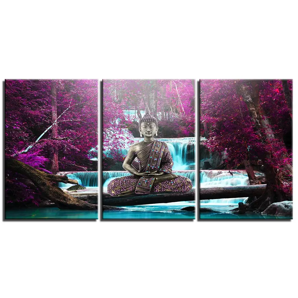 

3 Pieces Purple Maple Waterfall Buddha Poster Home Decor Modular Canvas Prints Pictures Living Room Wall Art Painting