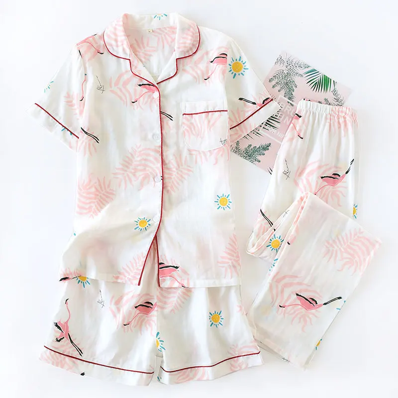 

Three-piece Full Cotton Pajamas Set Woman Short Sleeve Japanese Kimono Yukata Small Fresh Homewear Suit Summer Trouser Shorts
