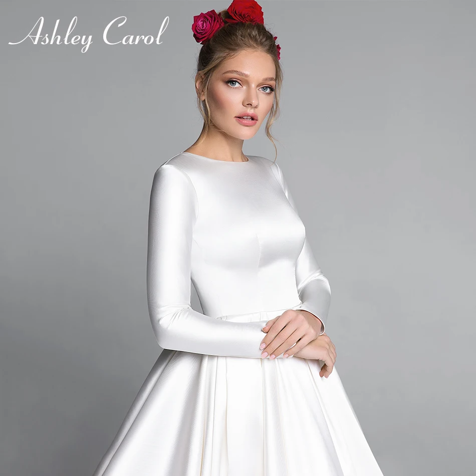 Эшли Карол мусульманское свадебное платье 2021 элегантное атласное с О образным