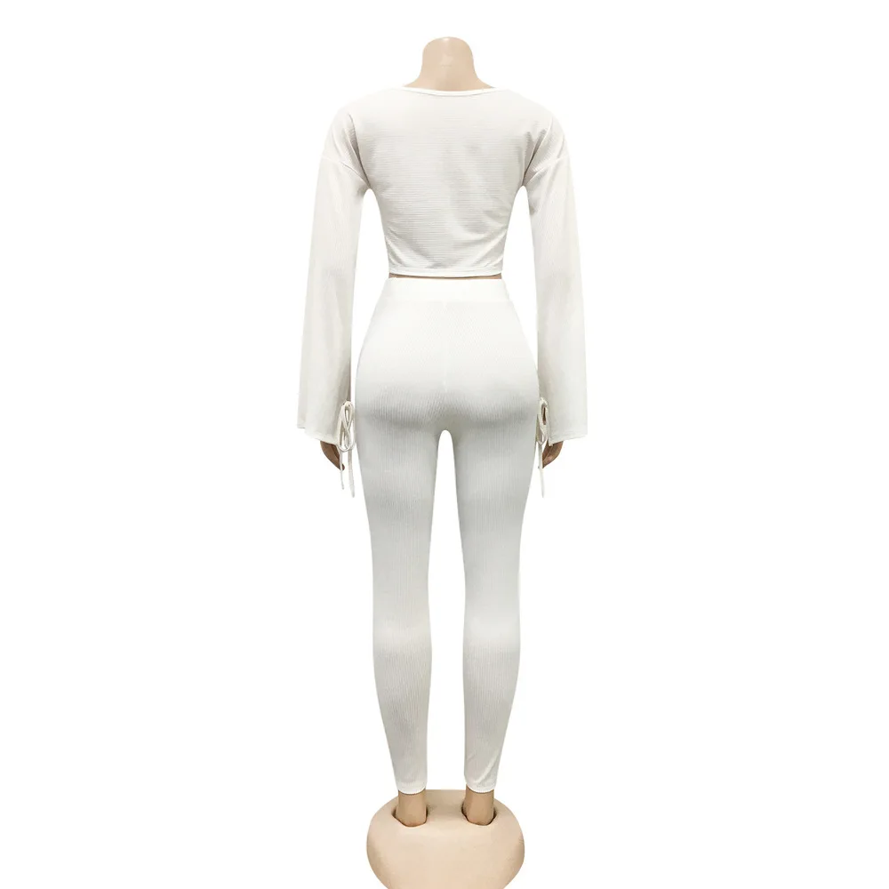 

Office Lady Solid Two Piece Matching Sets Women Clothing Long Flare Sleeve Loose Crop Top and Pencil Leggings Autumn Fall Outfit