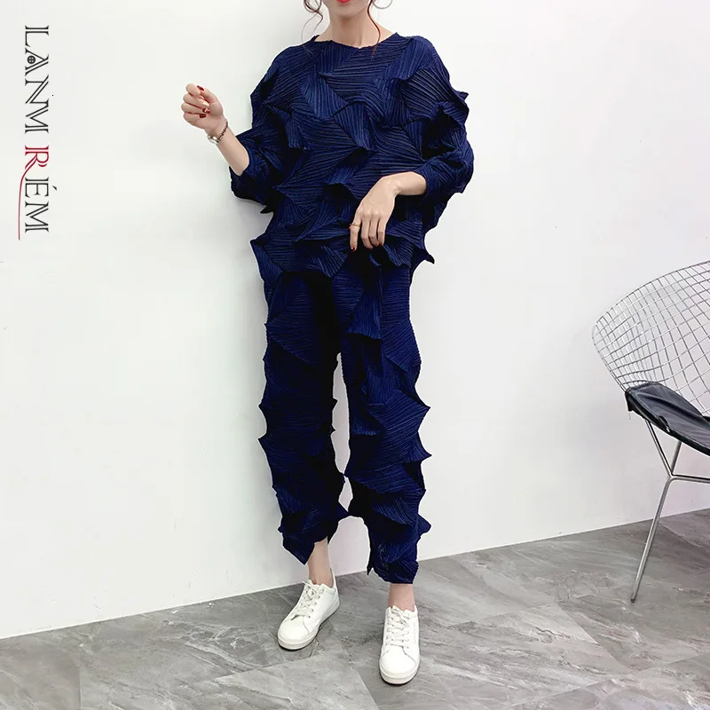 LANMREM 2020 г. футболка с длинным рукавом и плиссированным три четверти широкие брюки