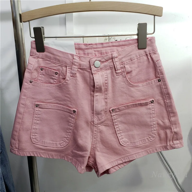 

Pink Denim Shorts Women's Summer Wear 2021 New High Waist Wide Leg White Hot Pants Girls Ladies Jeans Black Blue