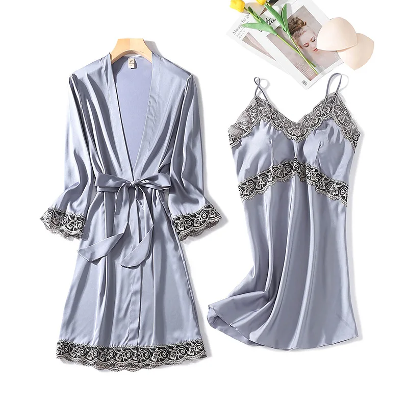 

FZSLCYIYI Summer Sexy Women Bathrobe Suit Sashes Lace Patchwork Silk Robe Nightdress 2Pcs Pajamas Home Service