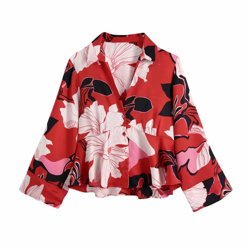 

Hot Sale Women Digital Printing Red V Neck Shirt Female Nine Quarter Sleeve Blouse Casual Lady Loose Tops Blusas S9523