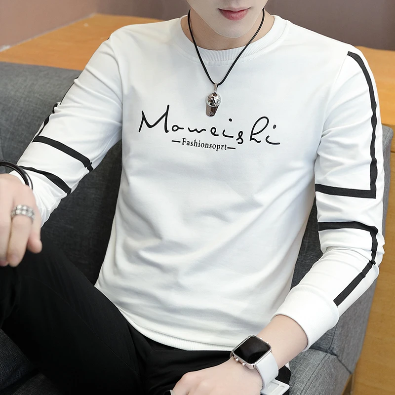 

2020 Men's New Long-Sleeved Printed Letter Striped Sweater Youth round Neck Autumn Sweater