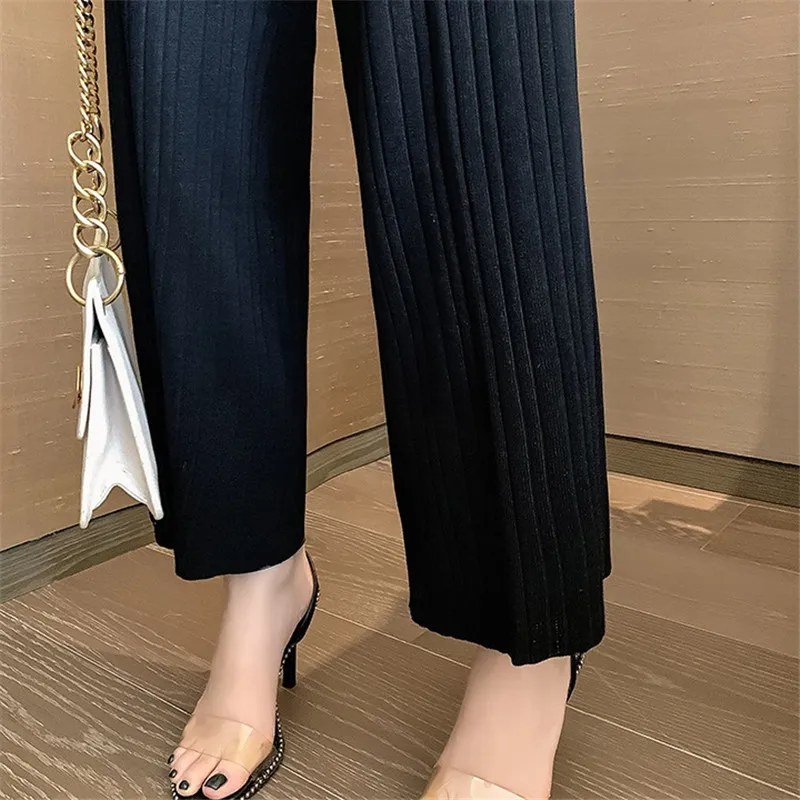 

CBAFU summer autumn compus striped women tracksuit v-neck sweater with belt wide legs pants suit knitted 2 piece set outfit N397