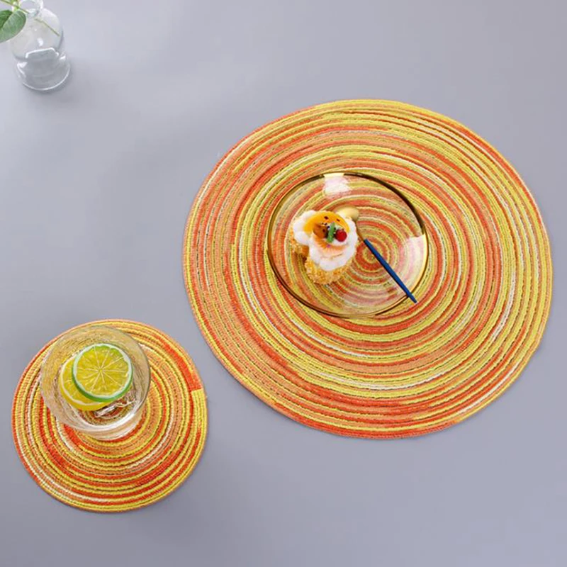 

Rainbow Color Placemat Round Weaving Placemat Dining Table Pad, Heat Resistant Kitchen Anti-skid Table Mat Homedecor