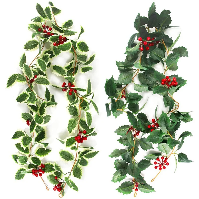 

2 Pcs Christmas Garland for Holiday Decoration, 5.75FT Easter Garland Winter Red Berries Holly Leaves Garland