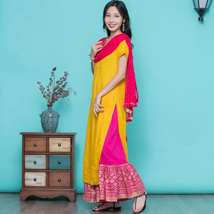 Новые женские модные комплекты в этническом стиле хлопок Индия Kurtas короткий рукав длинный желтый тонкий Топ Юбка