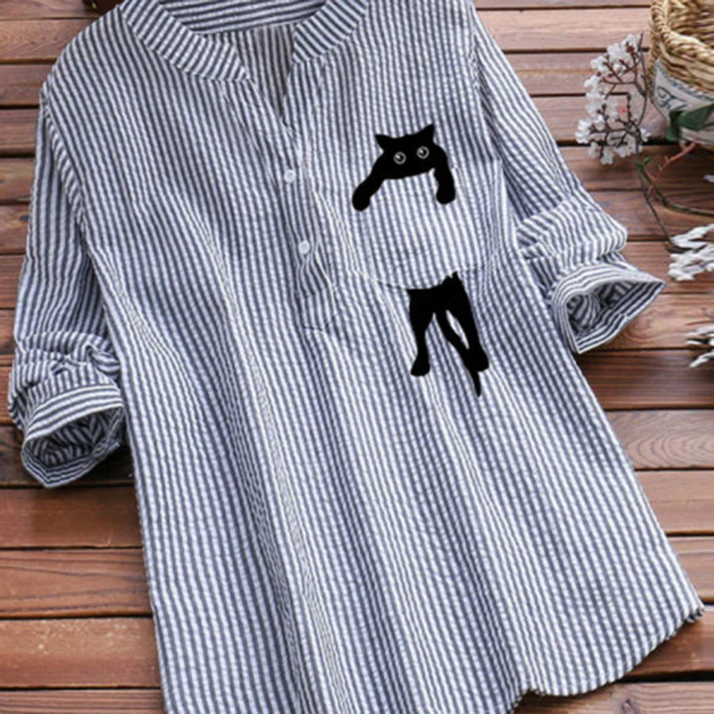 

Blue Striped Blouses Tops Women Blouses 2021Long Sleeve Shirts Female Cute Cats Embroidery Shirts Long Sleeve Casual Shirts Tops