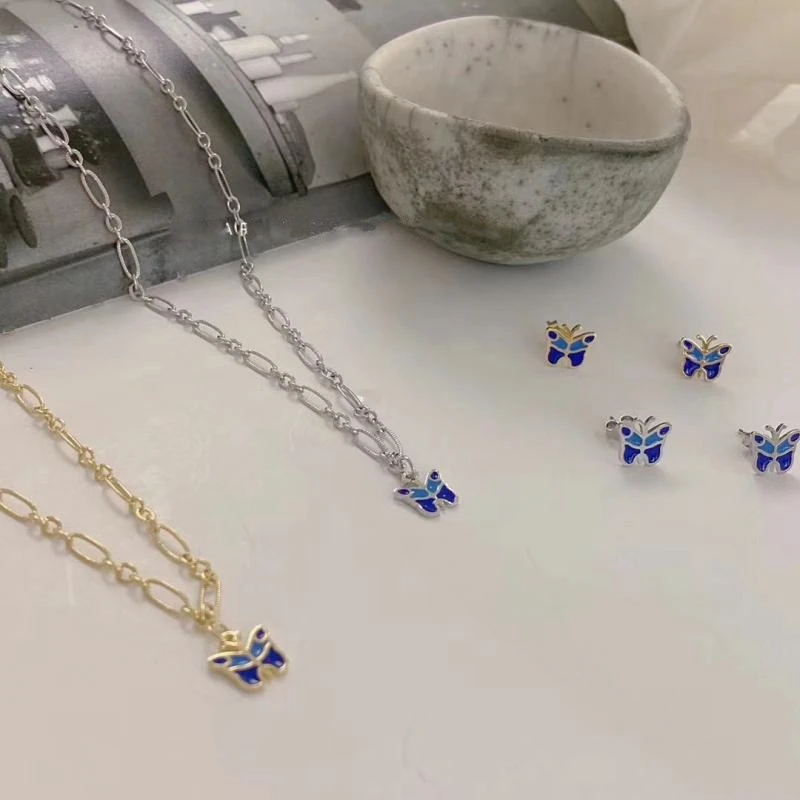 

MENGJIQIAO Fashion Metal Drop Glaze Red Heart Hoop Earrings For Women Girls Cute Butterfly Chain Choker Necklace Jewelry Set
