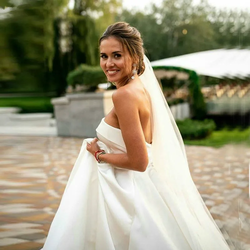 A-line Simple Wedding Dresses Strapless White Ivory Satin Gowns Backless Sweep Train Plus Size Bridal Vestidos De Novia | Свадьбы и