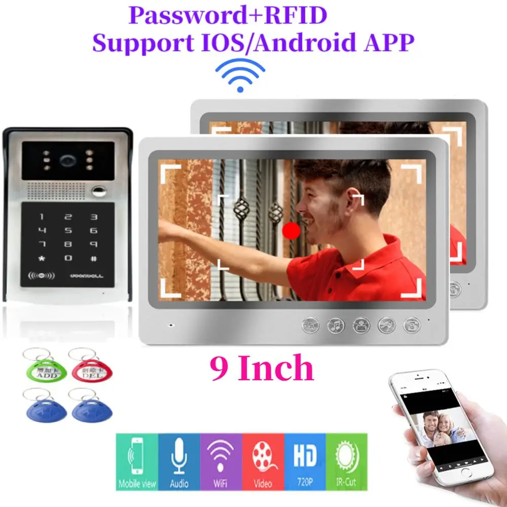 

App Remote Unlock Fingerprint Password Video Intercom 9inch Monitor WIFI Video Speake Phone Doorbell Camera Kit+2x Record Screen