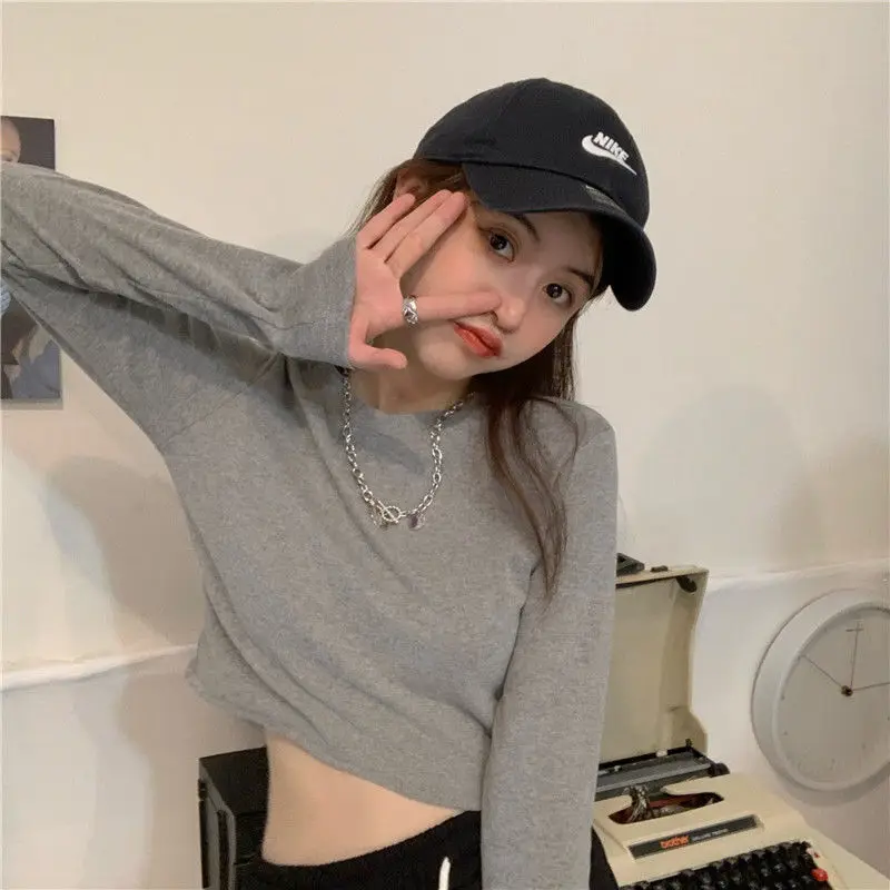 

2021 summer basic new long sleeve solid color base shirt slim and slim short open navel T-shirt women's top