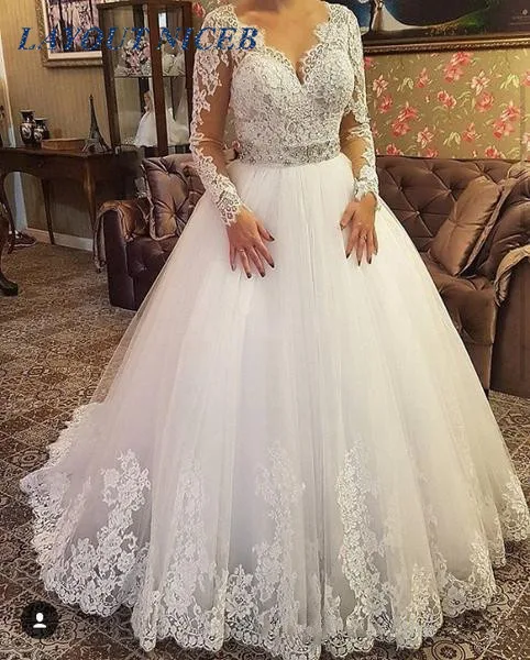 

Elegant Long Sleeve Wedding Dress 2019 Applique Rhinestone Belt vestido de noiva Floor Length Bridal Gowns robe de mariee