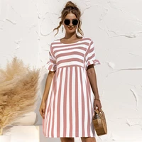 dress women summer cute loose striped print ruffles sleeves dresses elegant a line patchwork beach party female dress vestidos