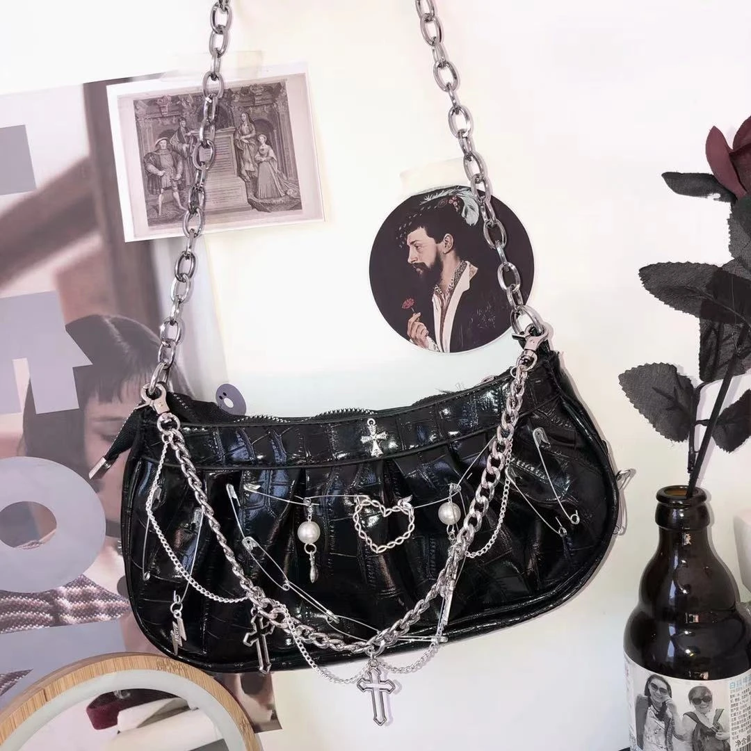 Женские сумки через плечо в стиле Харадзюку черные белые металлические тоуты эмо