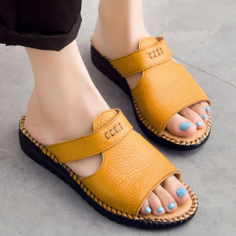 

Handmade Genuine Leather Slippers Summer Women Flat slippers Shoes Open Toe Flowers Slides Women Slip On Sandals