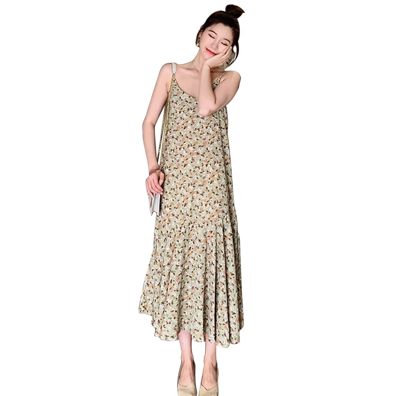 

2021 Spring And Summer Models French Suspenders Dresses System Temperament Long Dress Sleeveless Floral Dresses Robe Femme Traf